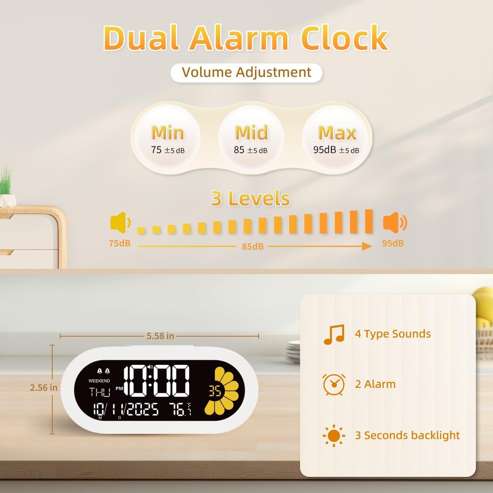 Digital Alarm Clock: VA LCD and Visual Flower Second Desk Clock Large Display...