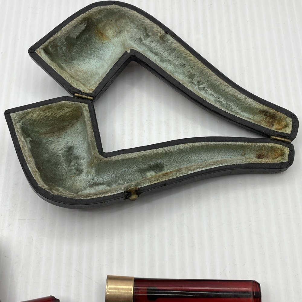 Bakelite Pipe Gold Trim Bent Amber Stem Pipe Damaged With Case