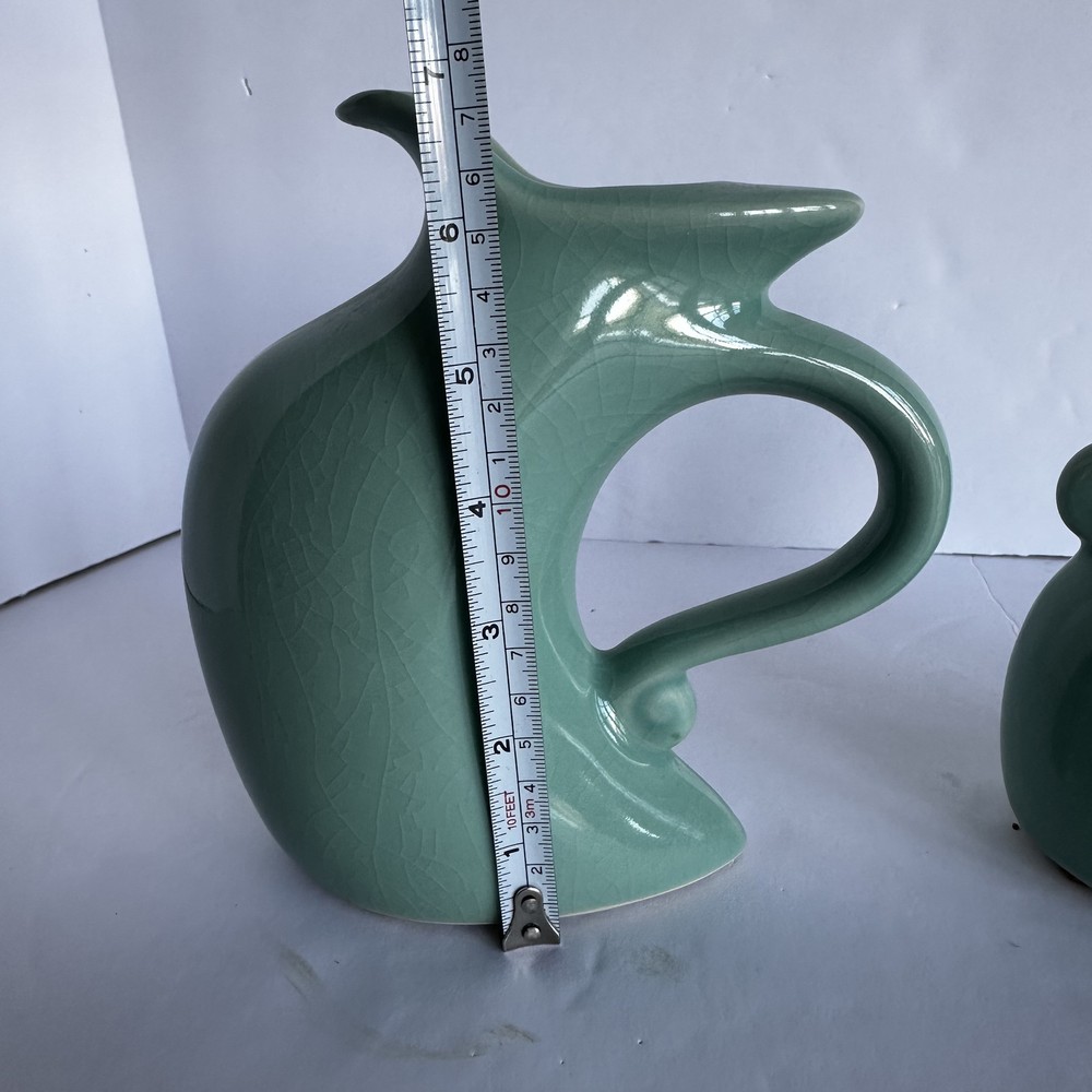 MICHAEL LAMBERT STUDIO Dancing & Struttin Creamer & Sugar Set Signed Aqua Green