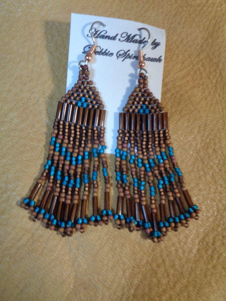 Handcrafted Southwest 2.5"  Brown Teal Beaded Earrings