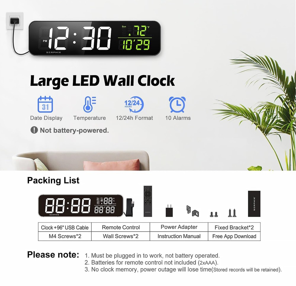 15.2" Gym Timer, App & Remote Control, Customizable LED Colors, Temperature, ...