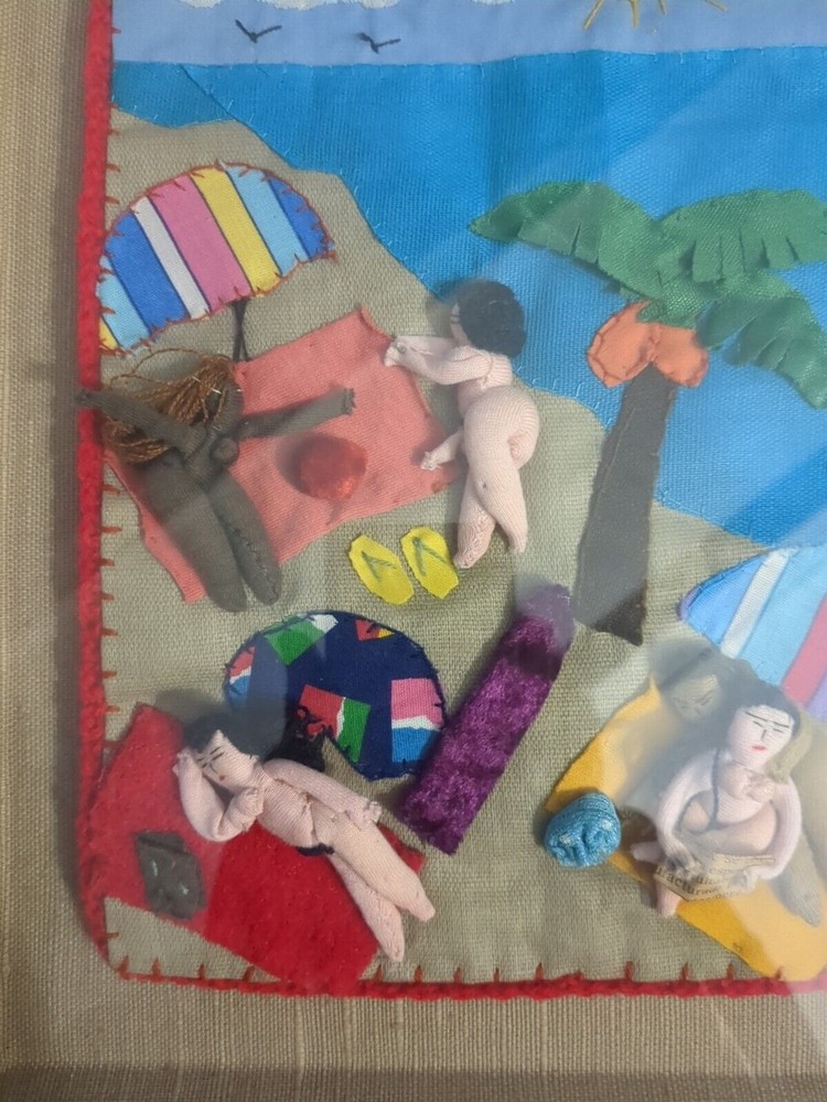 Beach Arpillera Patchwork 3D Handmade Framed Wall Art Peruvian Quilted