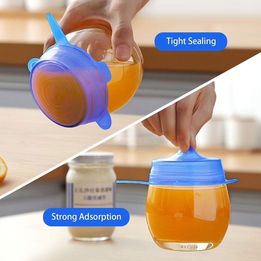 6 Pack Silicone Stretch Lids - Adjustable Sizes, Keeps Food Fresh & Spill-Proof