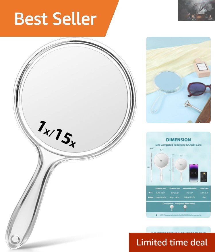 Versatile Double-Sided Mirror, Handheld and Lightweight - 15X Magnifying - 10.5"