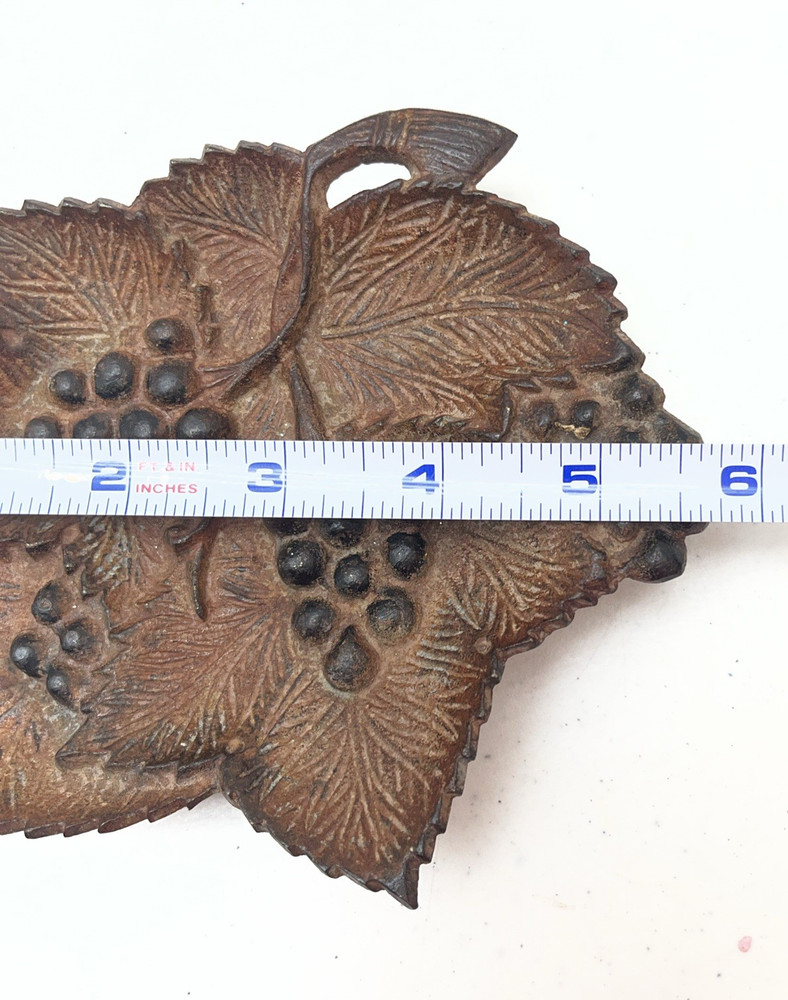 Vtg Rustic Cast Iron Footed Dish with Grape Bunches & Leaves