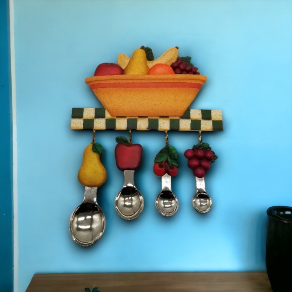 Metal Measuring Spoons Ceramic Fruit Plaque with Pear Apple Cherry Grape