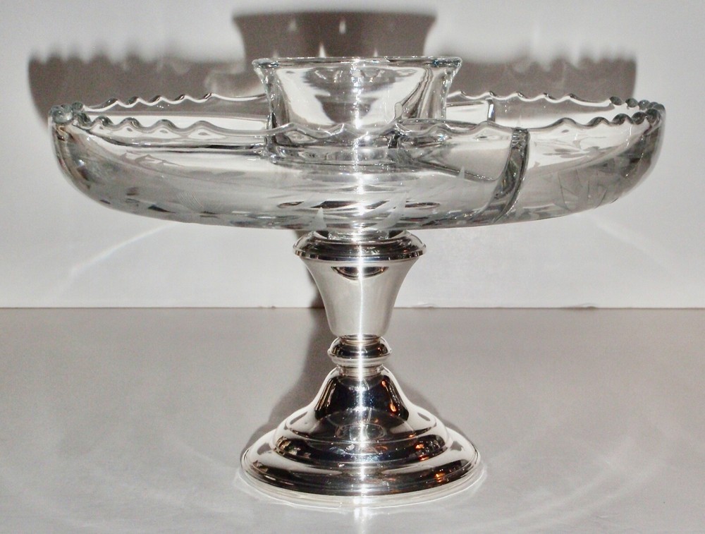Frank M. Whiting Vintage Sterling Silver Etched Glass 4 Compartment Dip Server