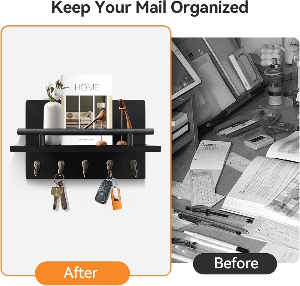 Wall-Mounted Key Holder & Mail Organizer with Hooks - Entryway Storage & Decor