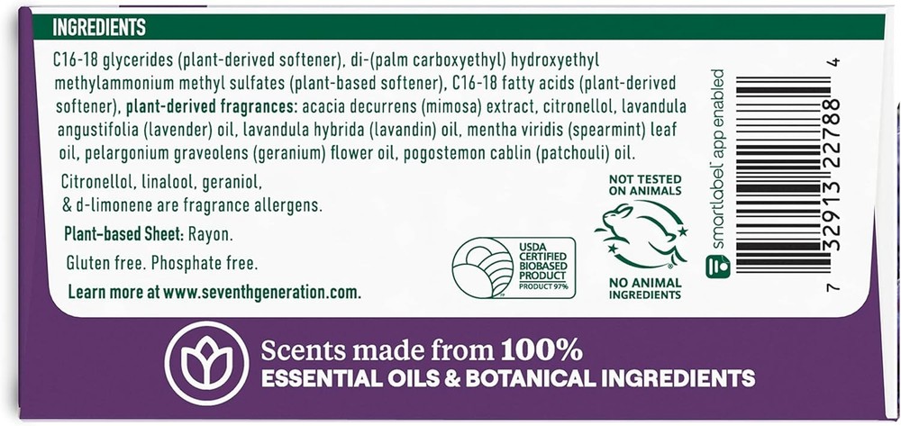 Seventh Generation Dryer Sheets Fabric Softener Fresh Lavender Scent with...