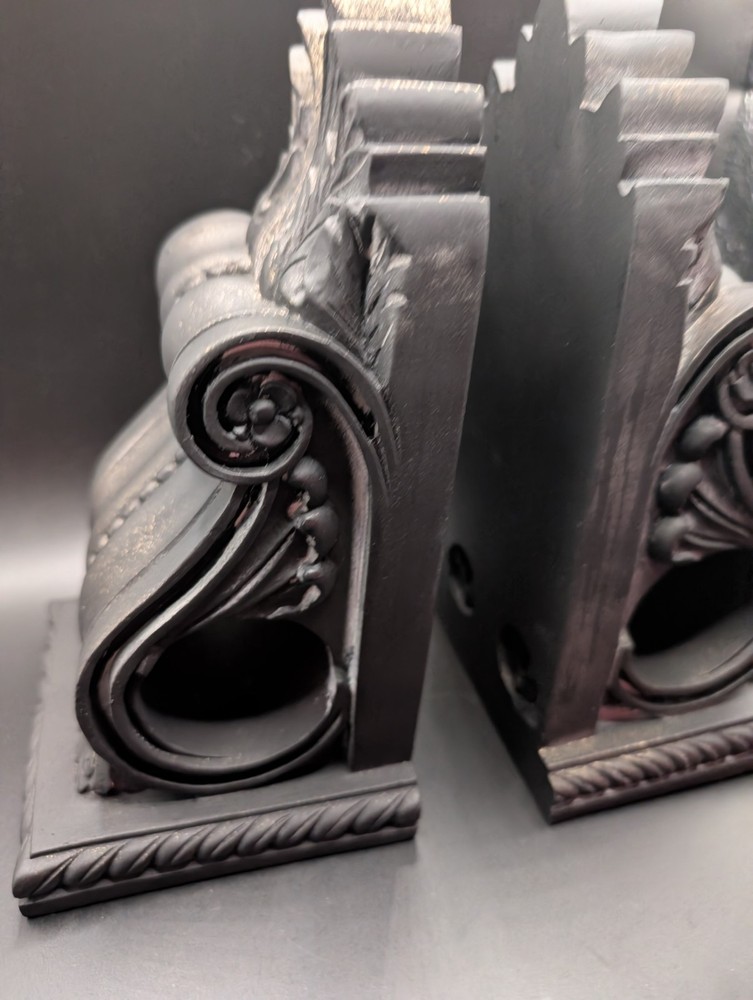 Heavy Ornate Wall Corbels Pair Black Distressed Architectural Shelf Brackets