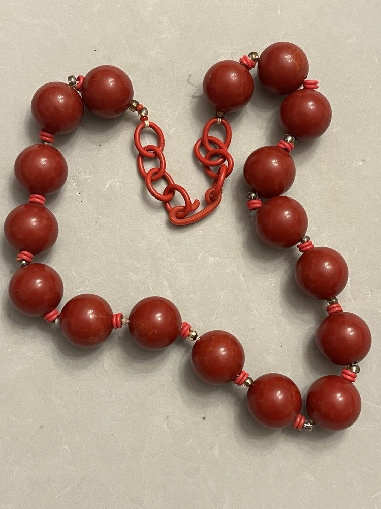 Vintage Red Lightly Marbled Bakelite Beaded & Celluloid Chain 20" Necklace