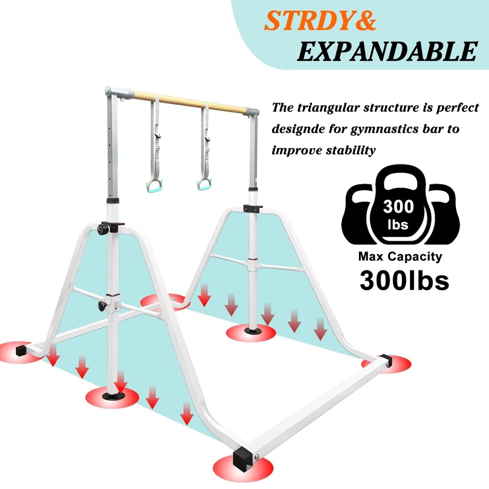 Foldable & Moveable Gymnastics Horizontal Bar with Rings,3’to 5’Adju
