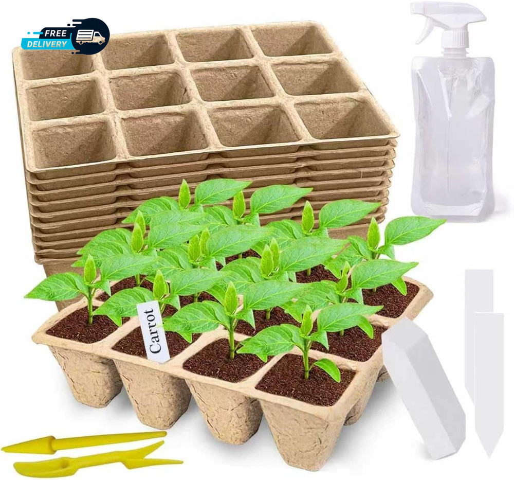 120 Cells Seed Starter Tray 10 Pack Biodegradable Peat Pots with 100 Labels