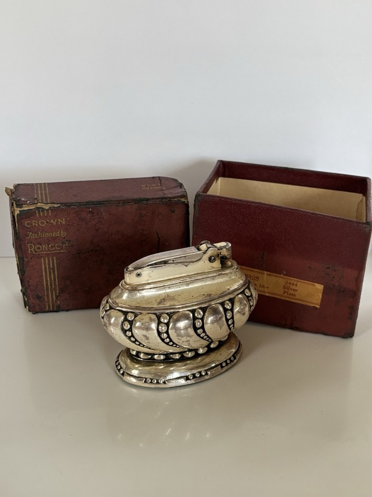 Vintage Ronson Crown Table Lighter Silver Plated with Box