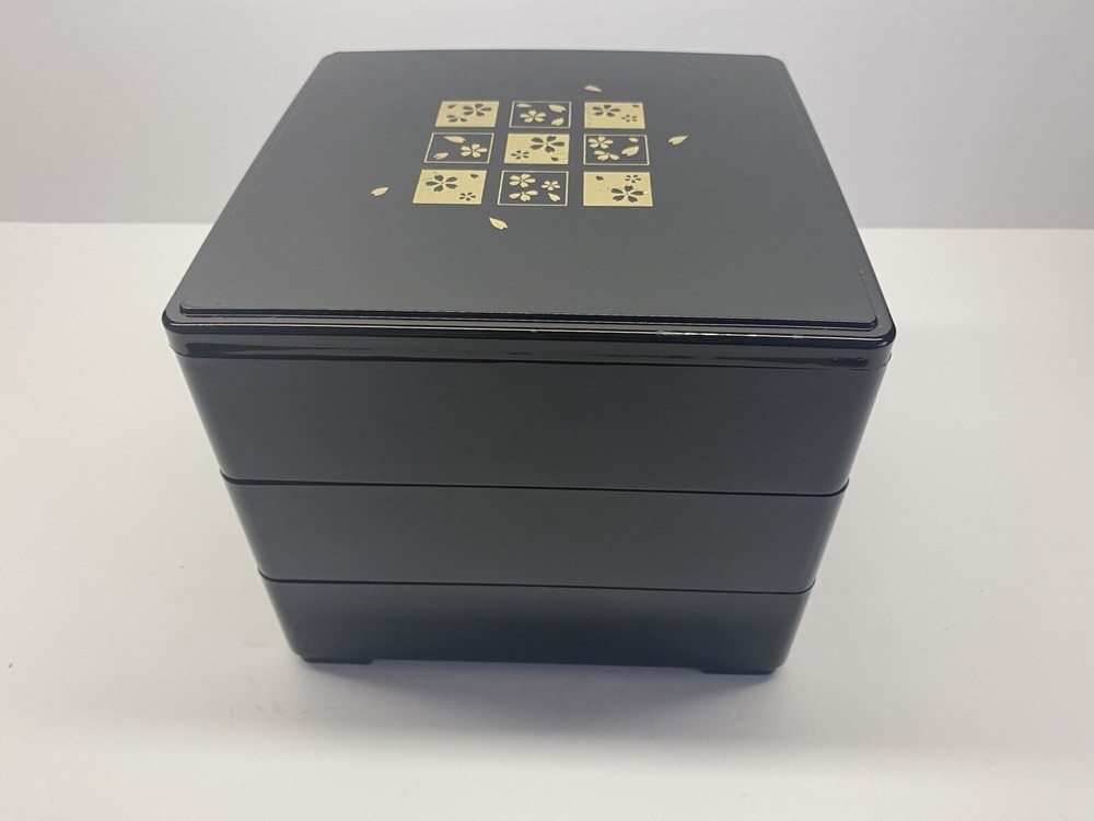 Black Plastic Three Tier Bento Box/Jewelry Box 6" Tall