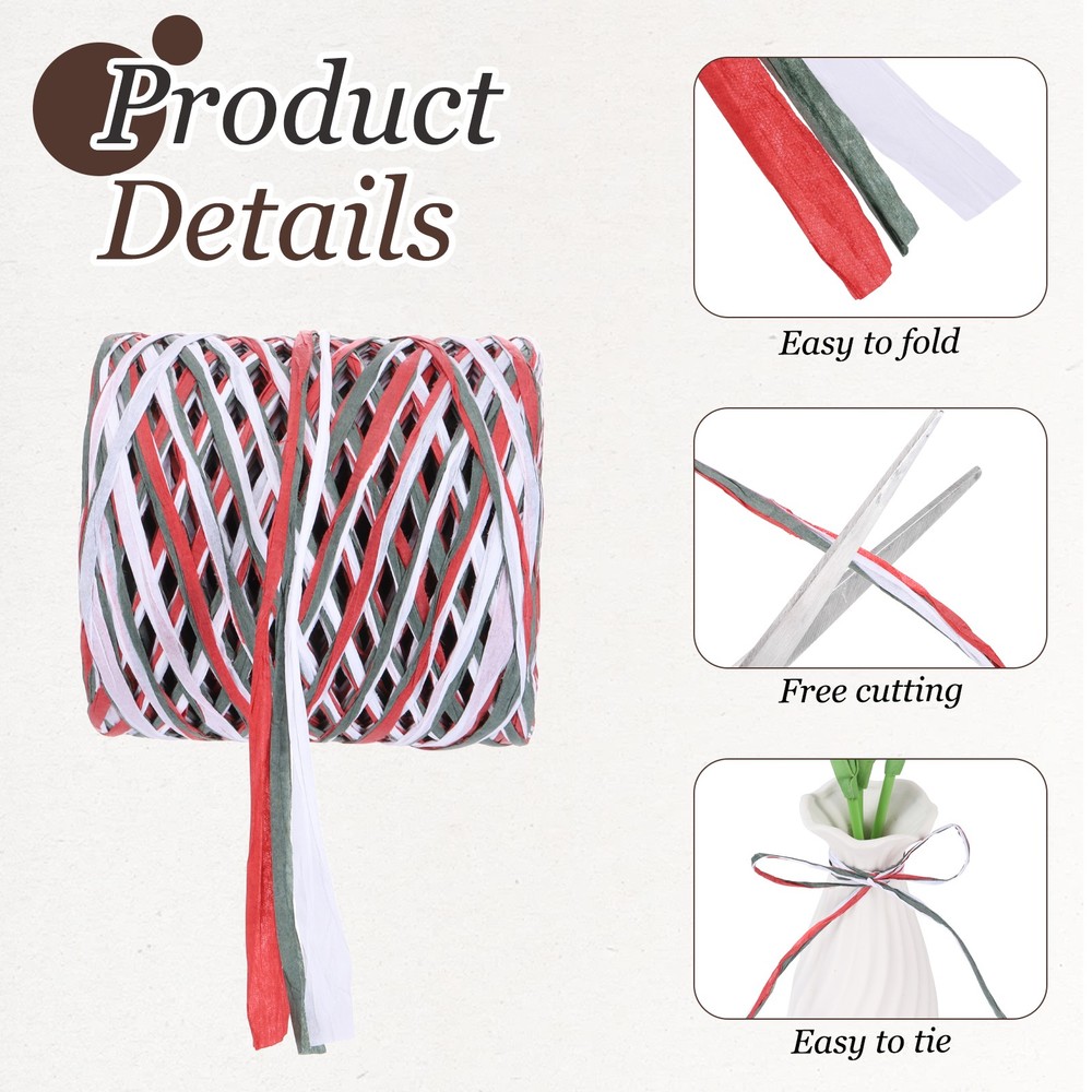Raffia Ribbon, 87 Yard Natural Raffia Paper String, Red, White, Green
