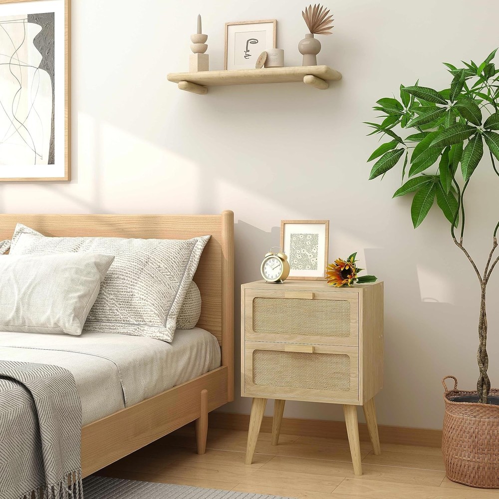 Rattan Nightstand,Boho Bedside with Storage,End Table,Side - Natural