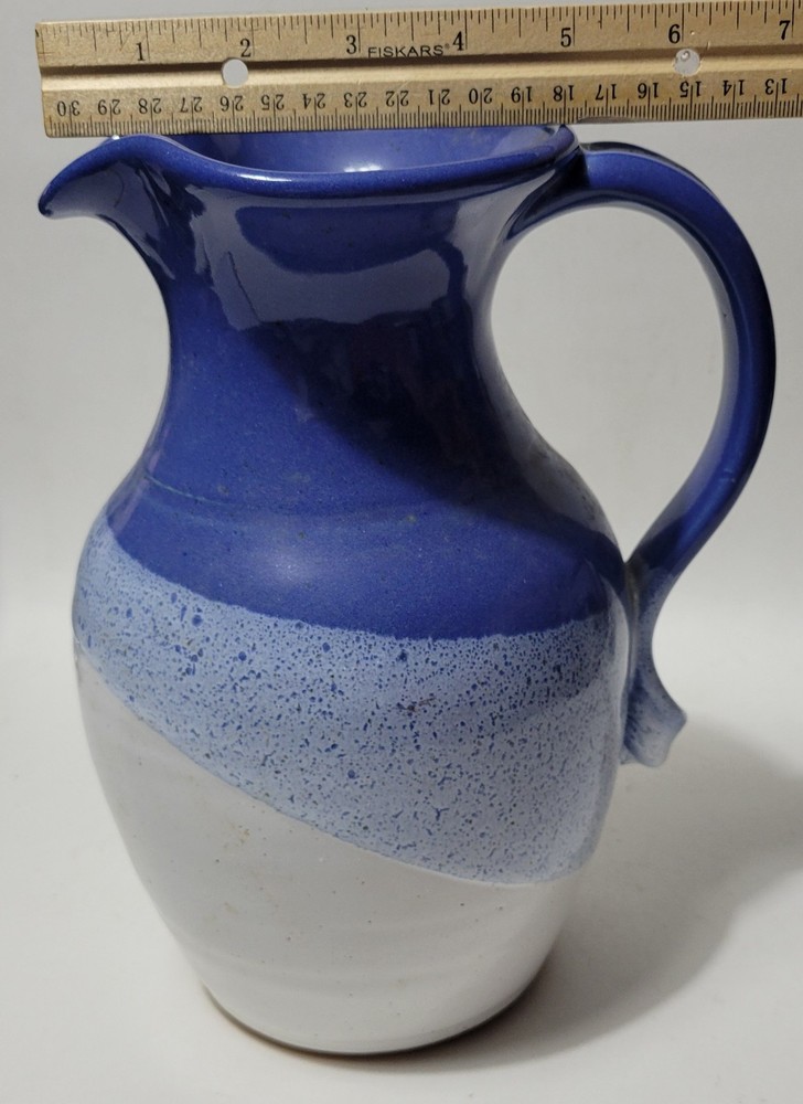 Signed Studio Art Pottery Blue White Pitcher With Twisted Handle