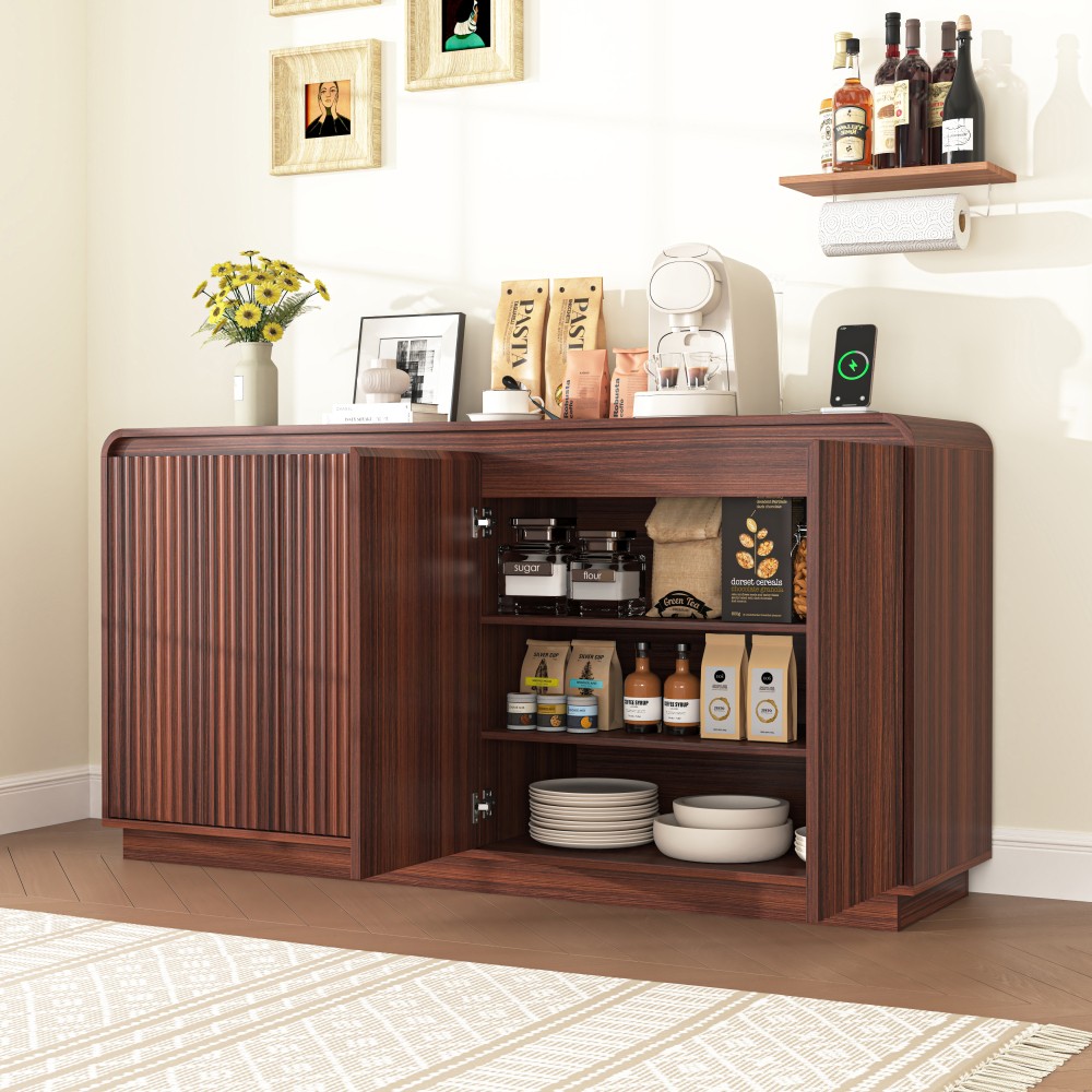 Walnut TV Stand with Power Outlet, Adjustable Storage, Fluted Handleless