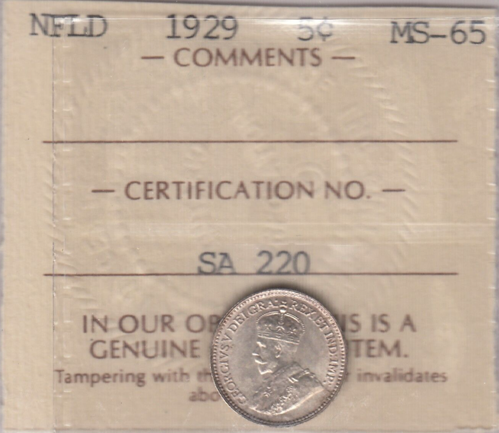 1929 Newfoundland Five Cent - ICCS MS 65 Cert #: SA 220