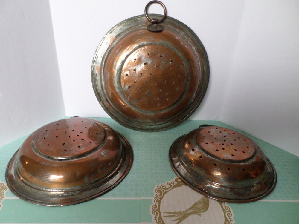 Set of 3 Strainers Colander Copper Wall Hanging with Loop Very Rustic