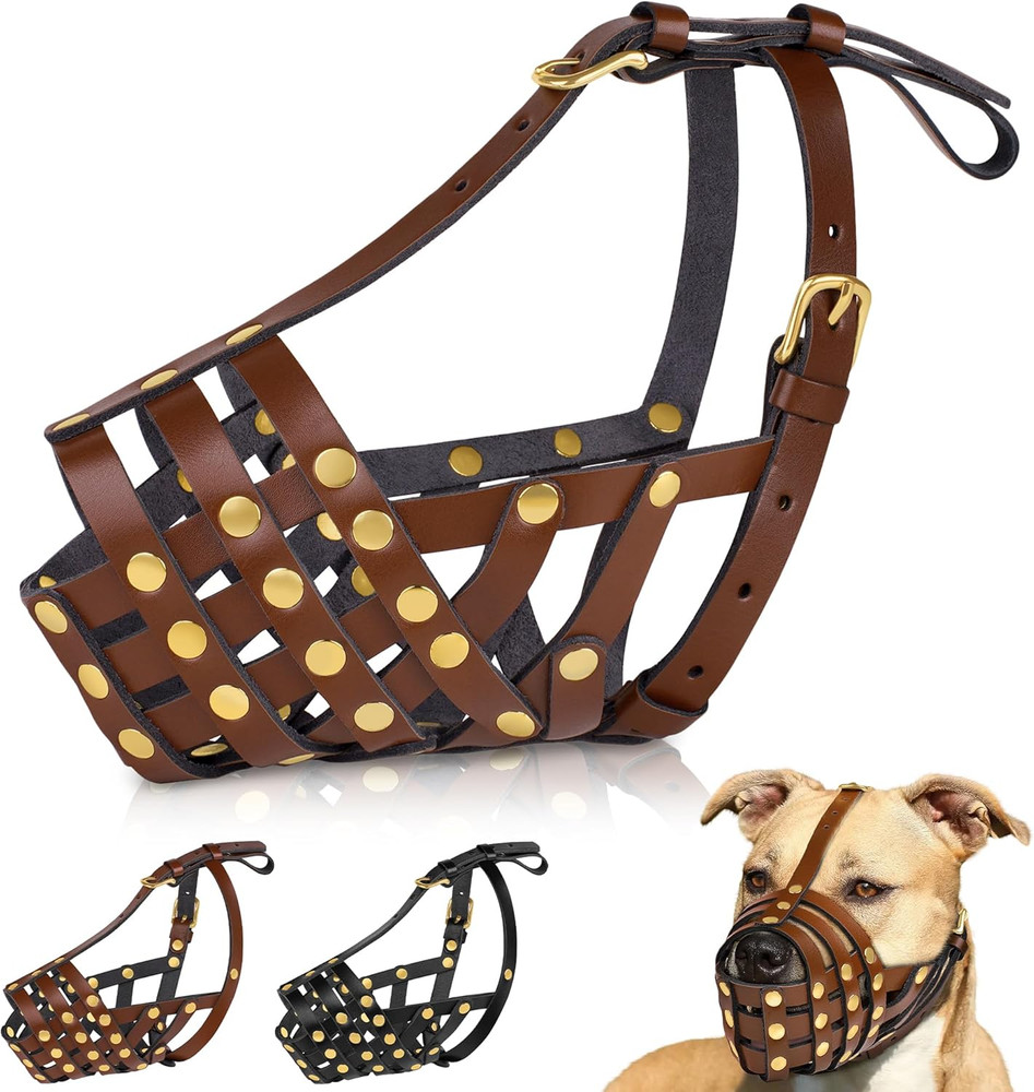 Pitbull Dog Muzzle for Large Dogs - Leather Breathable Secure Basket Muzzle for