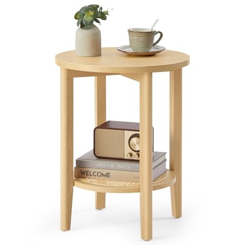 Round Side End Table, 2-Tier Bedside Table 15.8"Dia. x 21.9"H Oak Beige Boho