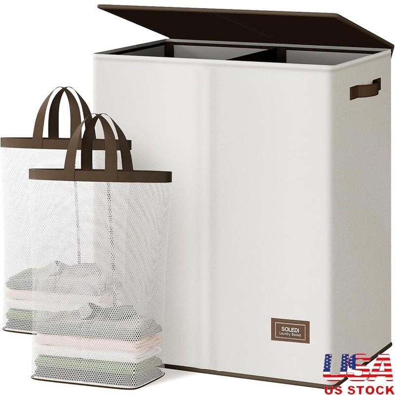 Durable 2 Section Laundry Hamper W/ Lid Removable Inner Bags Collapsible Design