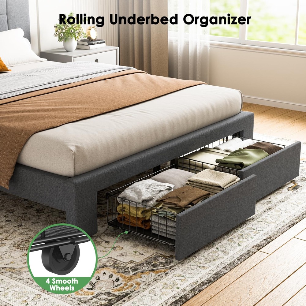 Full Bed Frame with 2 Storage Drawers, Sturdy & Durable with 12 Support Legs,...