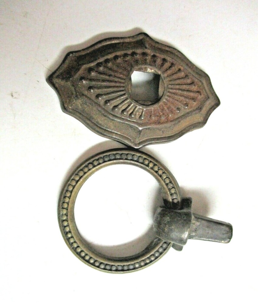 Small 1900s Aged Dark Brass Plated Drop Ring Pull Handle & Backplate 1 Antique