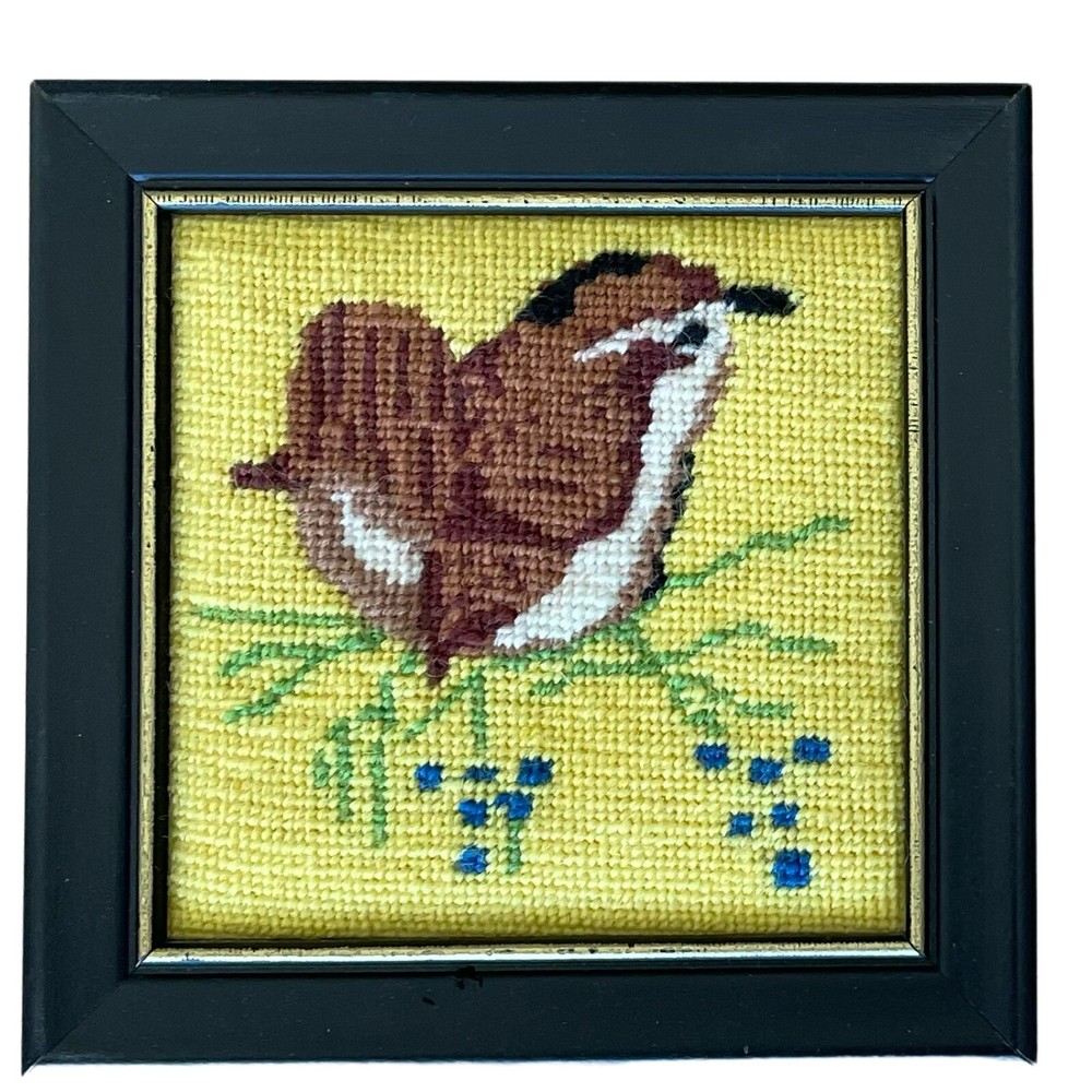 Bird Cross Stitch Framed Pair 5 in Square Handmade Needlework Decor Vintage Art