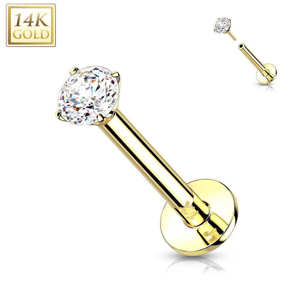 14K Solid Gold Prong CZ Threadless Push In Labret Ear Cartilage Daith 16G