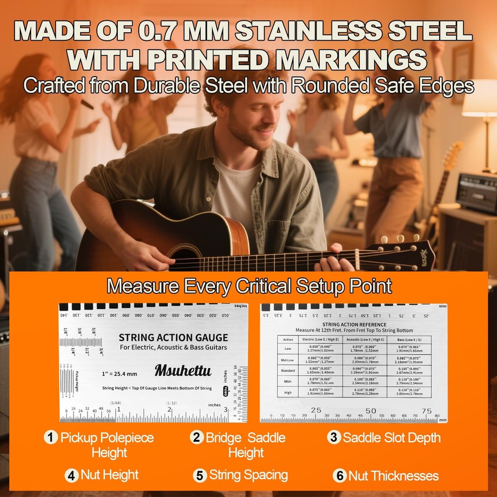String Action Gauge Ruler, Upgraded Guitar Height Silver (Print)
