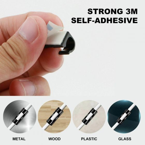 20 Self Adhesive Cable Clips for Wire Organization on All Surfaces, Black