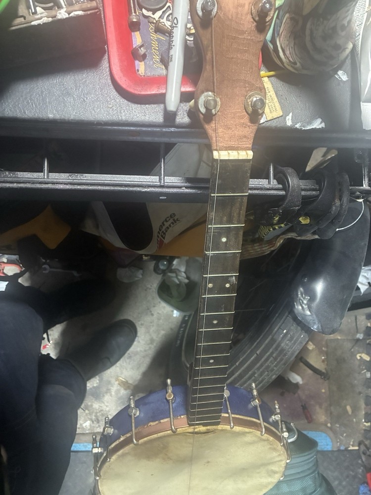 4-String Tenor Open Back Banjo Brown Neck Blue Rim