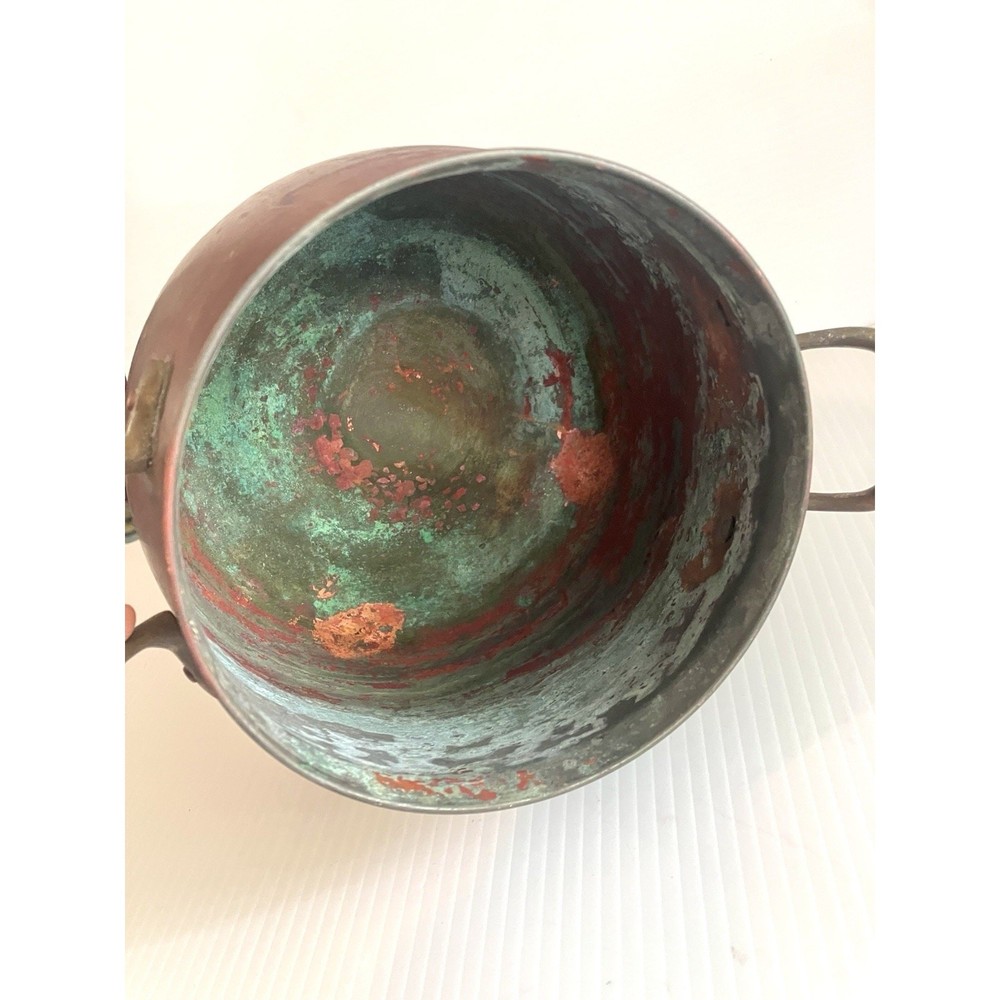 Vintage Copper Cauldron Double Brass Handle Pot Belly Primitive Tagus Kettle