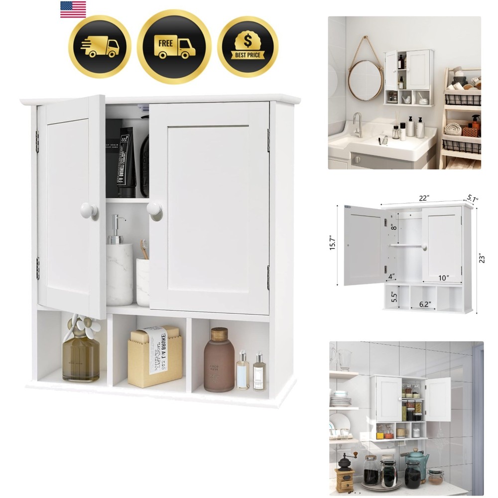 Bathroom Wall Cabinet with 2 Doors Adjustable Shelves Storage Organizer White