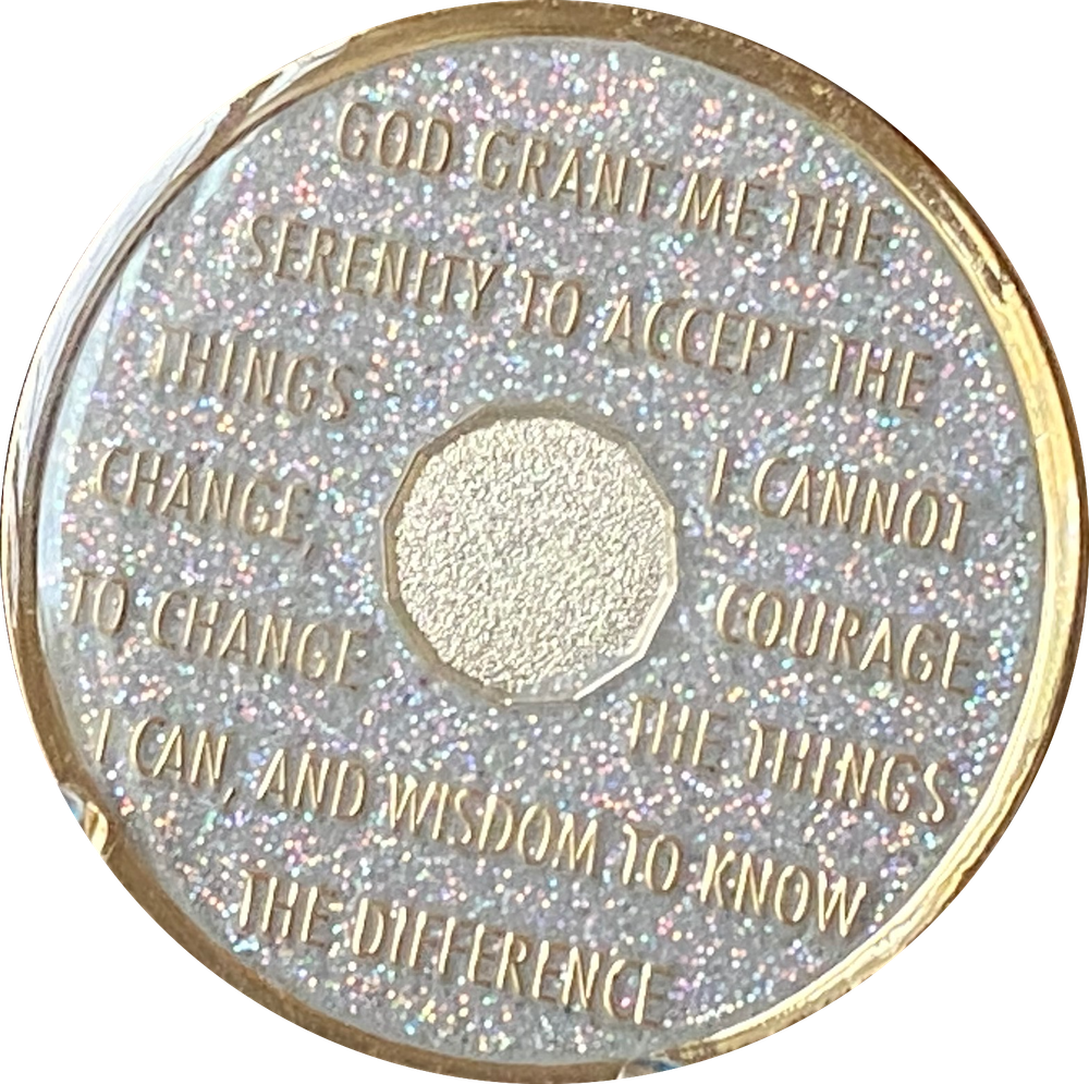 1 Year AA Medallion Silver Opal Gliter Tri-Plate Sobriety Chip