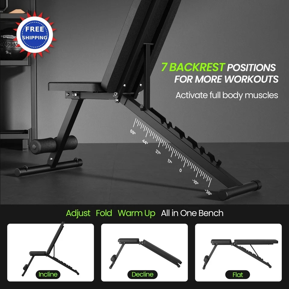 Adjustable Weight Bench 600LBS Incline Decline Flat Foldable Home Workout Full