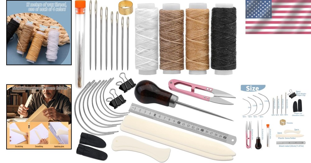 Complete 33-Piece Bookbinding Tool Set - Waxed Thread, Bone Folders & More