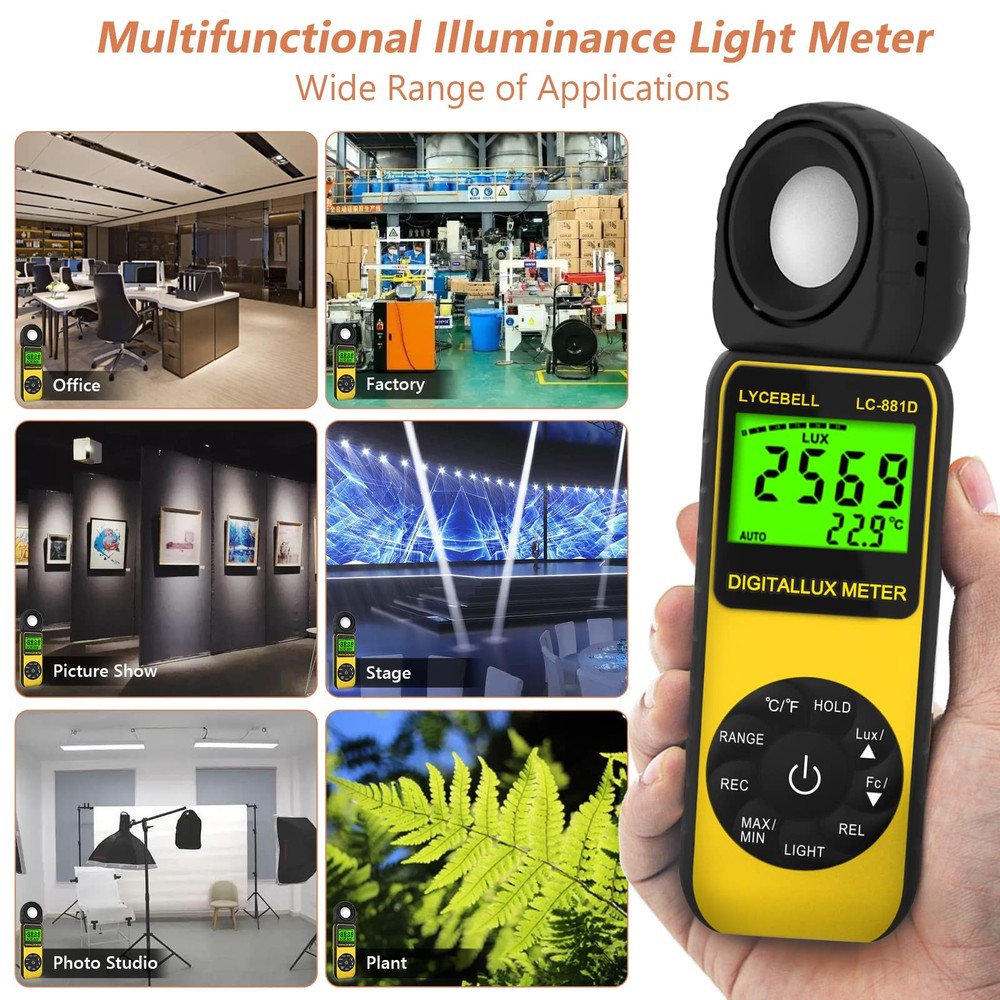 LYCEBELL Digital Illuminance Light Meter, LC-881D Luxmeter Range up