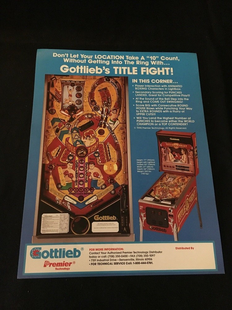 Gottlieb Title Fight Pinball Machine Flyer, 1990 NOS