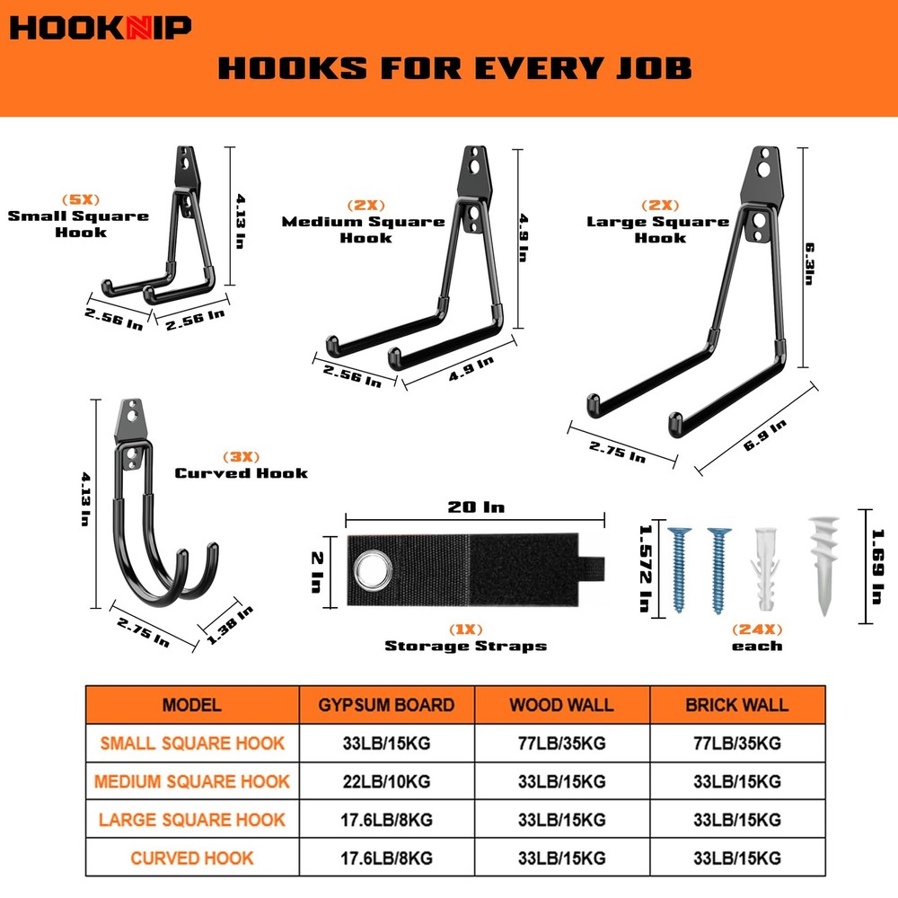 Pack 13 Garage Hooks Heavy Duty | Multi-Sized Wall-Mounted Tool Hangers with ...