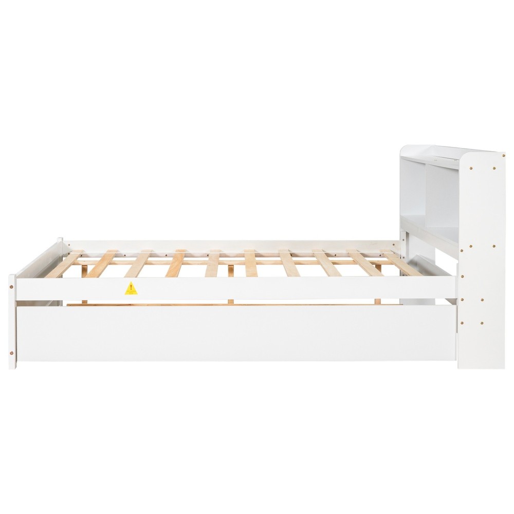 Full Size Bed Frame Wood Platform Bed w/ Trundle & Storage Headboard