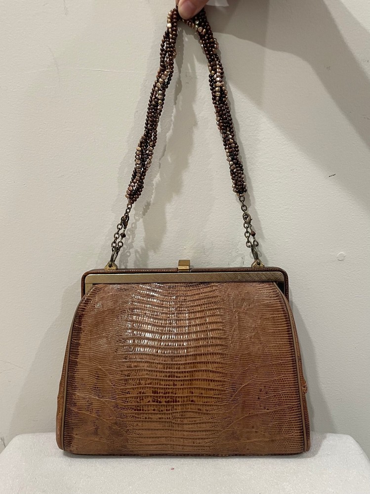 Vintage Tan Lizard Beaded Pearl Handle Handbag c1960s
