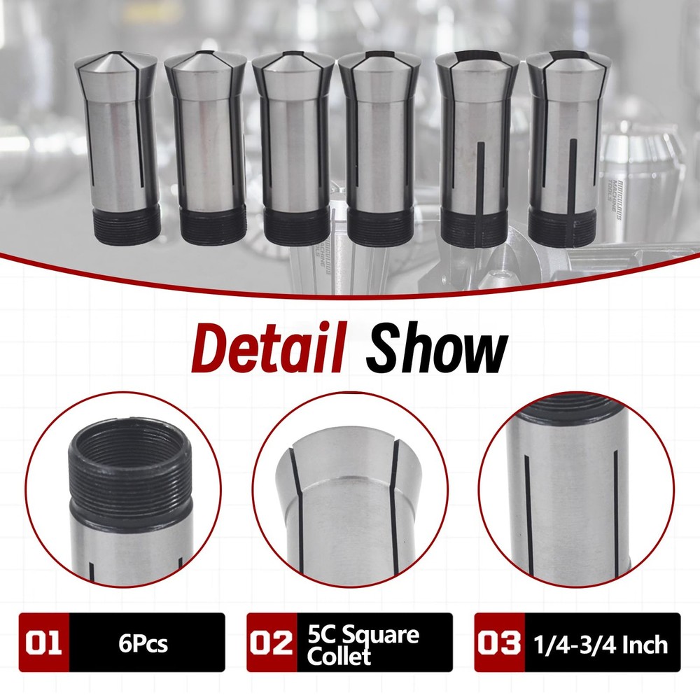 findmall 5C Square Collet 6 PC Set 1/4", 6pcs square collet set