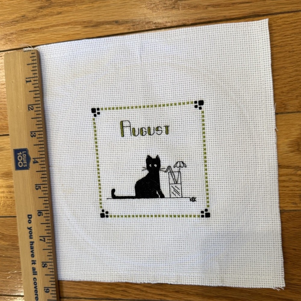 Handmade Counted Cross Stitch August Cat 8” x 8” 4” x 4”