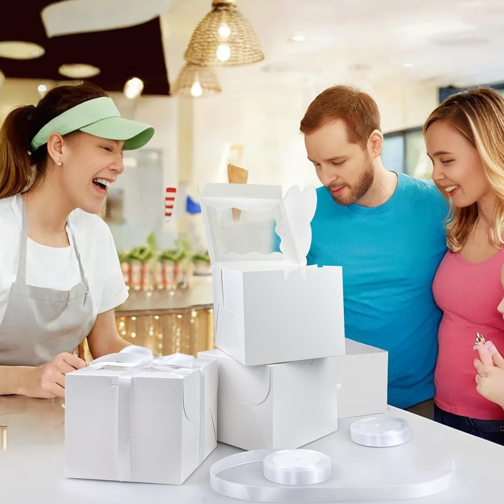 25PCS White Bakery Boxes with Window Bulk 6x6x5 Inches Cardboard Pastry Boxes...