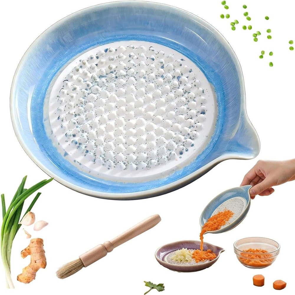 Gradient Ceramic Grater Plate - Handheld Kitchen Grinding Dish with Spout