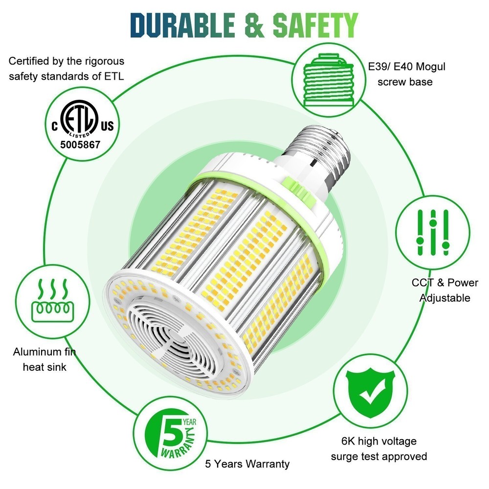 5Pack 100W LED Corn Light Equivalent 400W MH/HPS Warehouse Parking Lot Light E39